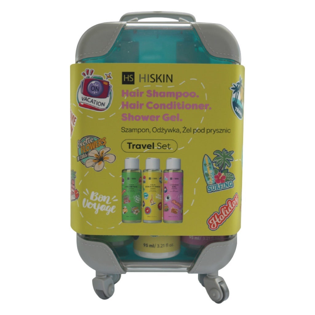HISKIN Hair Shampoo, Hair Conditioner, and Shower Gel travel set in a suitcase-style container with a bright yellow label and gray plastic case, shown on a white background.