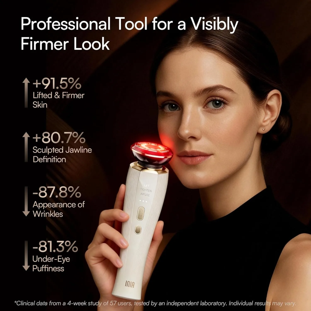 INIA Hadiyah Beauty High Quality 3-in-1 Hand Held Red Light Therapy Beauty Device for Face & Neck Puffiness Relief & Skin Firming