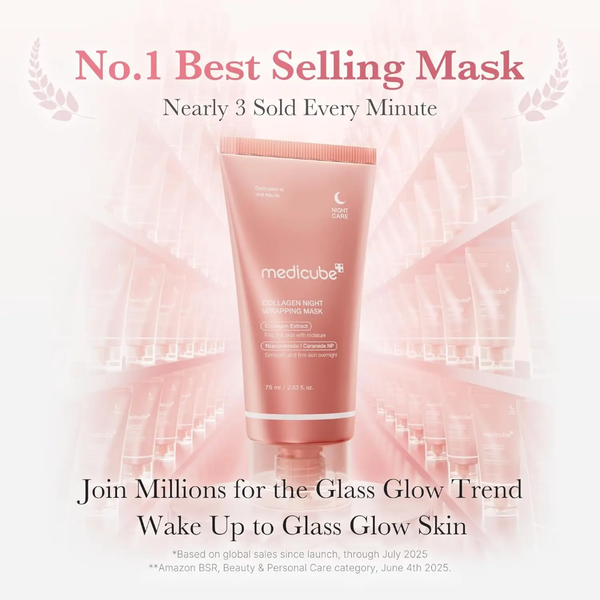 Medicube mask tube with promotional text on a light pink background