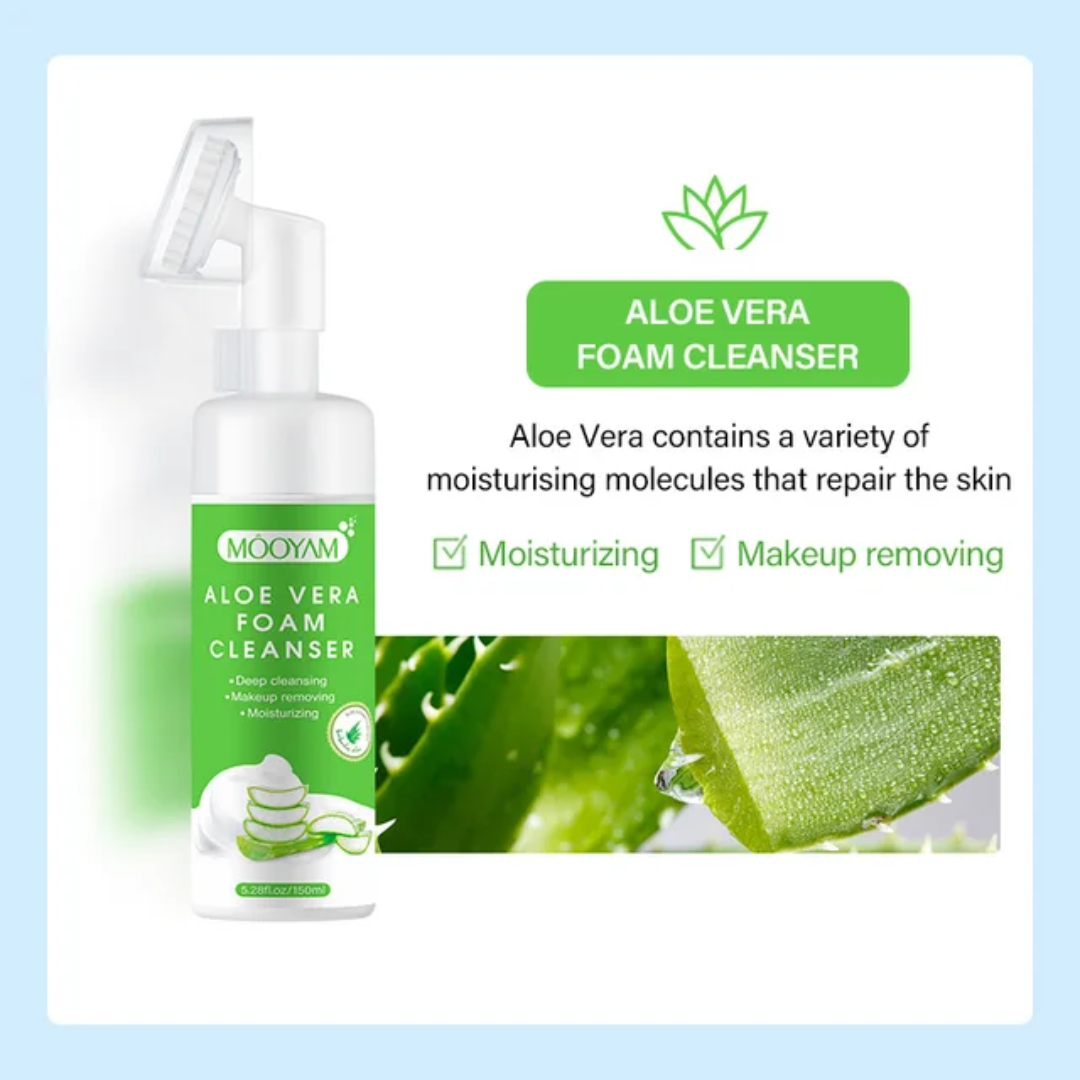 Aloe Vera foam cleanser with packaging and aloe vera leaves on a light blue background