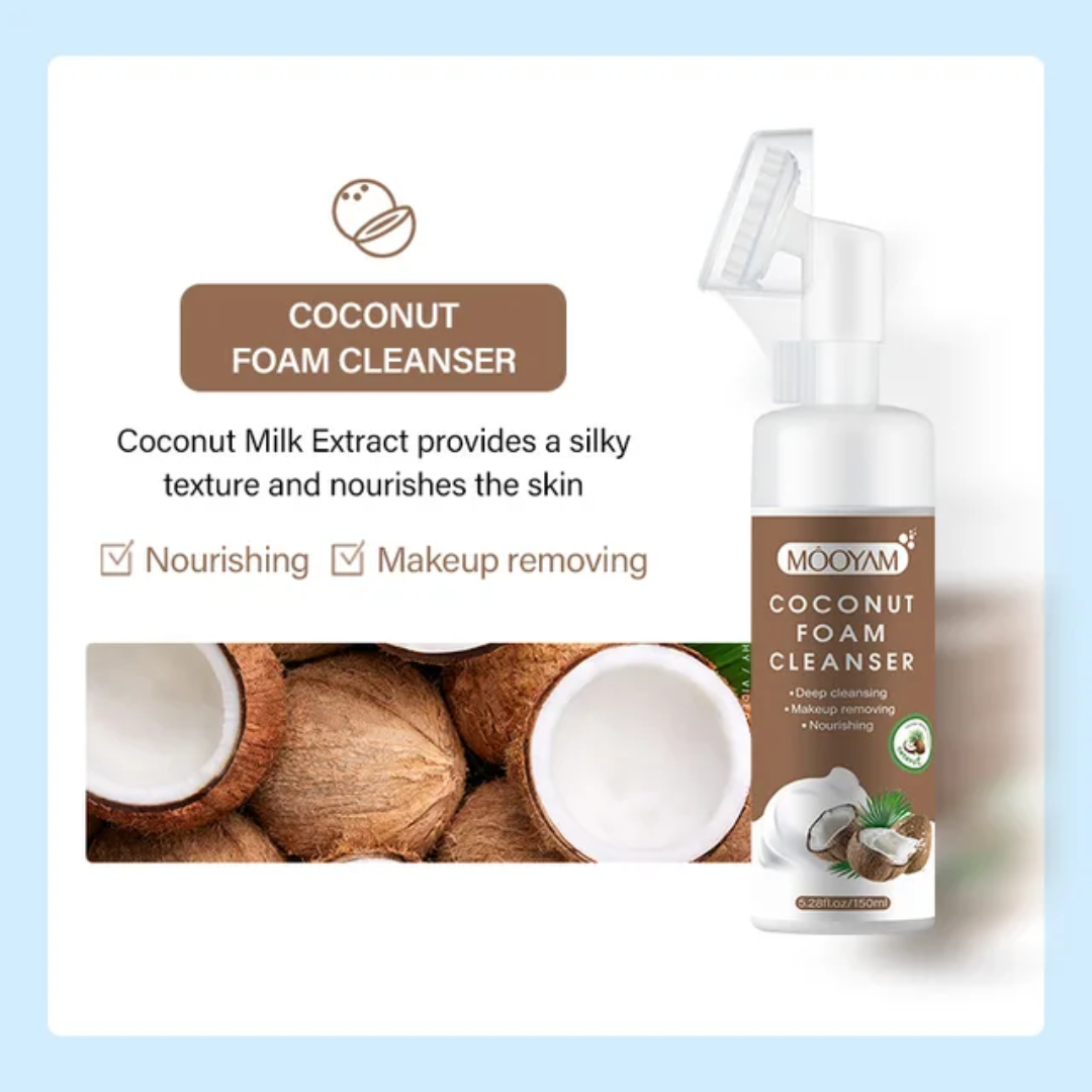 Coconut foam cleanser packaging with coconuts and product image on a light blue background