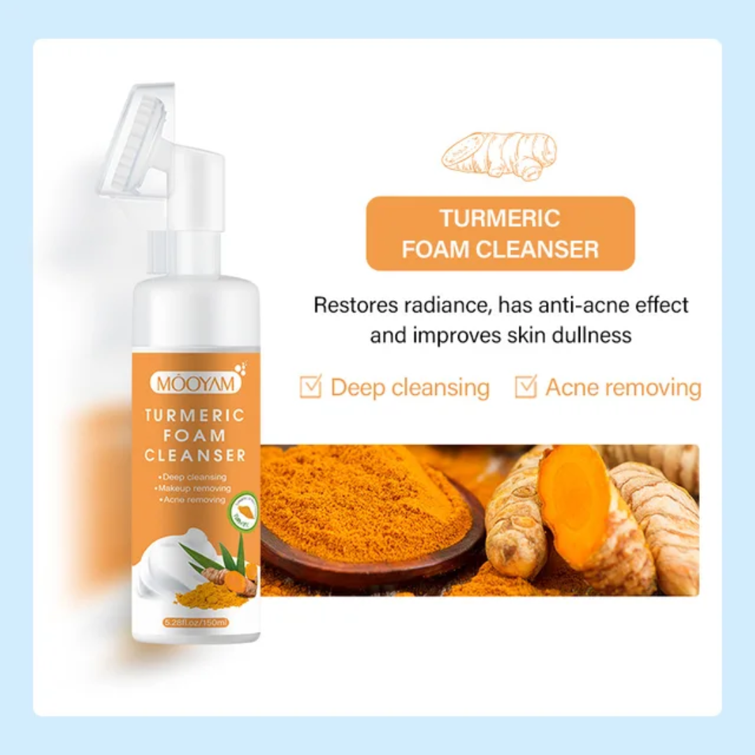 Mooyam Turmeric Foam Cleanser with turmeric powder and roots on a light blue background