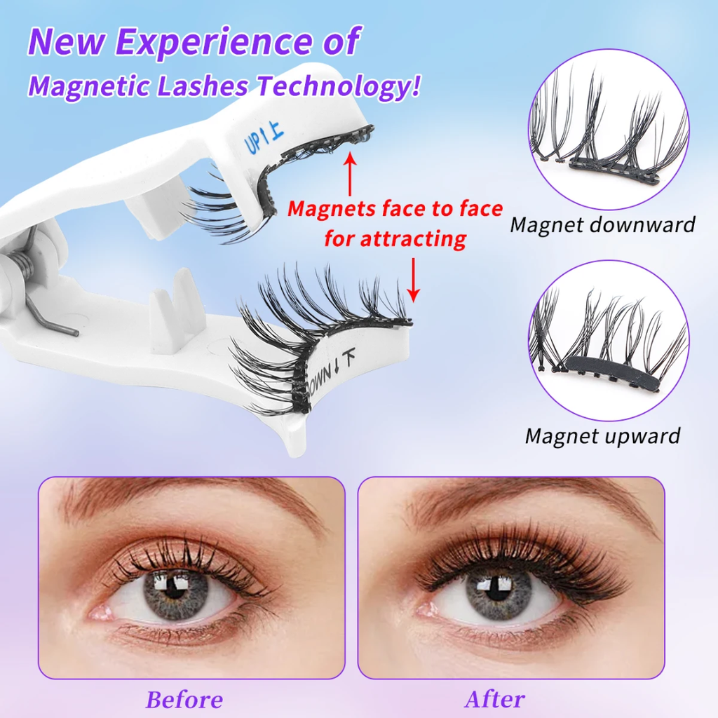 Magnetic eyelash device with illustrations and before/after effects on eyes.