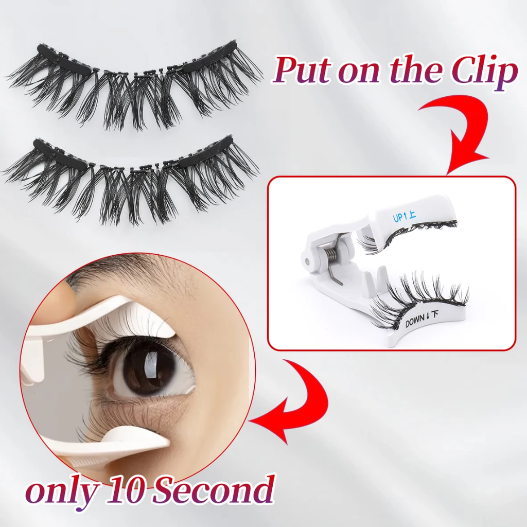 Eyelash extensions with a clip and an inset showing application on an eye.