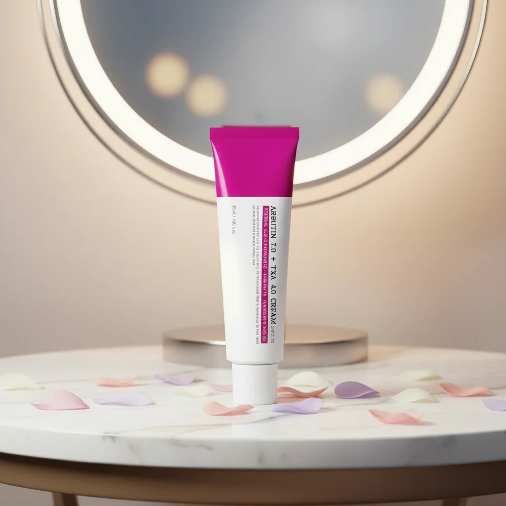 A squeeze tube of La Roche 01 + Pea La Crème skincare cream stands upright on a marble table with scattered flower petals, with a glowing ring light in the background.