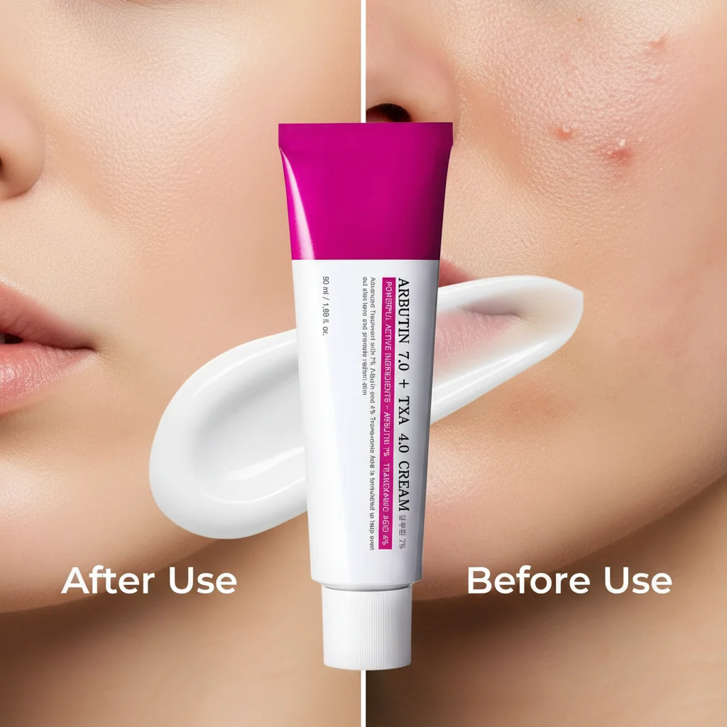 A skincare cream tube labeled ARBE TIN 70 + TCA 4D CREAM stands over a white spatula with a before-and-after skin comparison. The left side shows smooth, clear skin labeled 'After Use,' and the right side shows blemished skin labeled 'Before Use.