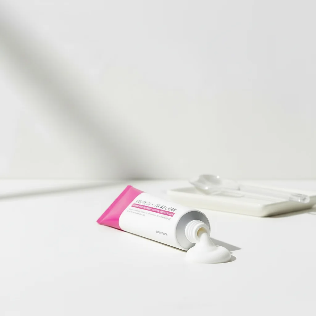 A white cosmetic tube with a bright pink cap lies on its side with a dollop of white cream spilled from the open end. A small clear spoon rests behind the tube on a clean white surface against a white background.