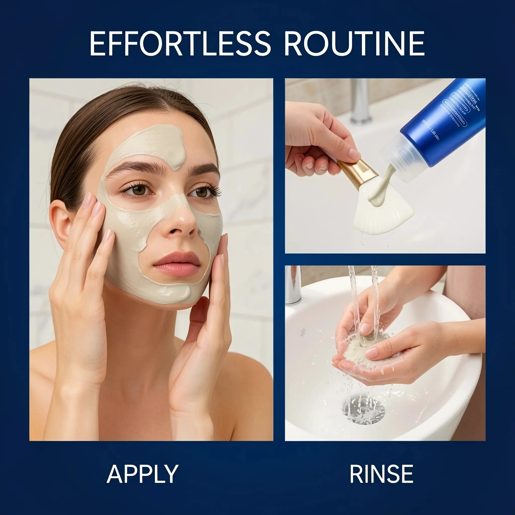 A three-panel instructional graphic with the headline 'EFFORTLESS ROUTINE' showing a woman applying a face mask, a hand pouring a blue bottle onto a brush, and hands rinsing the mask in a sink. The panels are labeled 'APPLY' and 'RINSE' on a dark blue background.