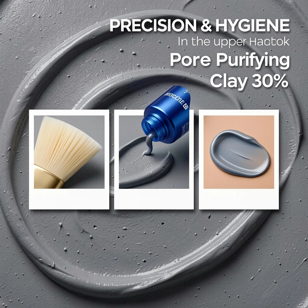 Promotional graphic for a pore purifying clay makeup product. The background shows a textured swirl of gray clay cream with text reading 'PRECISION & HYGIENE In the upper Hactok Pore Purifying Clay 30%'.