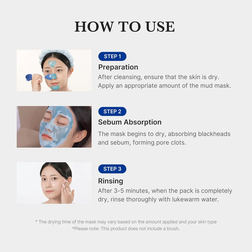 Instructions on how to use a mud mask with step-by-step guidance and images.