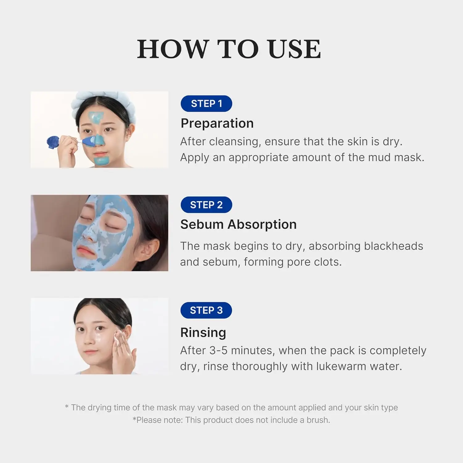 Instructions on how to use a mud mask with step-by-step guidance and images.