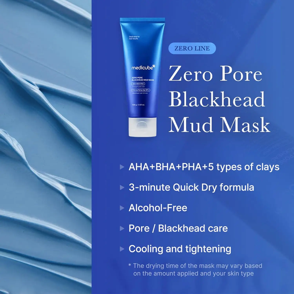 Medicube Zero Pore Blackhead Mud Mask packaging on a blue background with product features listed.