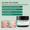 AHA BHA PHA CREAM 50g jar on a light green background with marketing text and before/after skin close-ups. The product is a black jar with a white label.