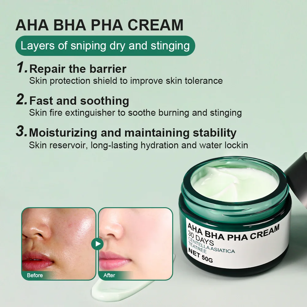 AHA BHA PHA CREAM 20 DAYS SKIN CARE set in a dark green glass jar with a white label, shown next to before-and-after skin texture comparison photos on a pale green background with descriptive text.