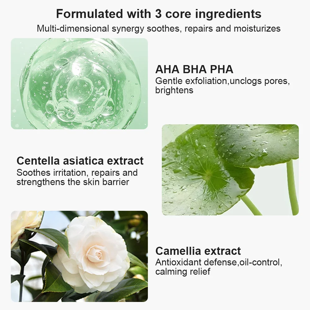 A product information graphic on a white background detailing the key ingredients of a skincare product. The graphic features three panels: a translucent green gel droplet representing the main formula, a green leaf representing Centella asiatica extract, and a white rose representing Camellia extract.