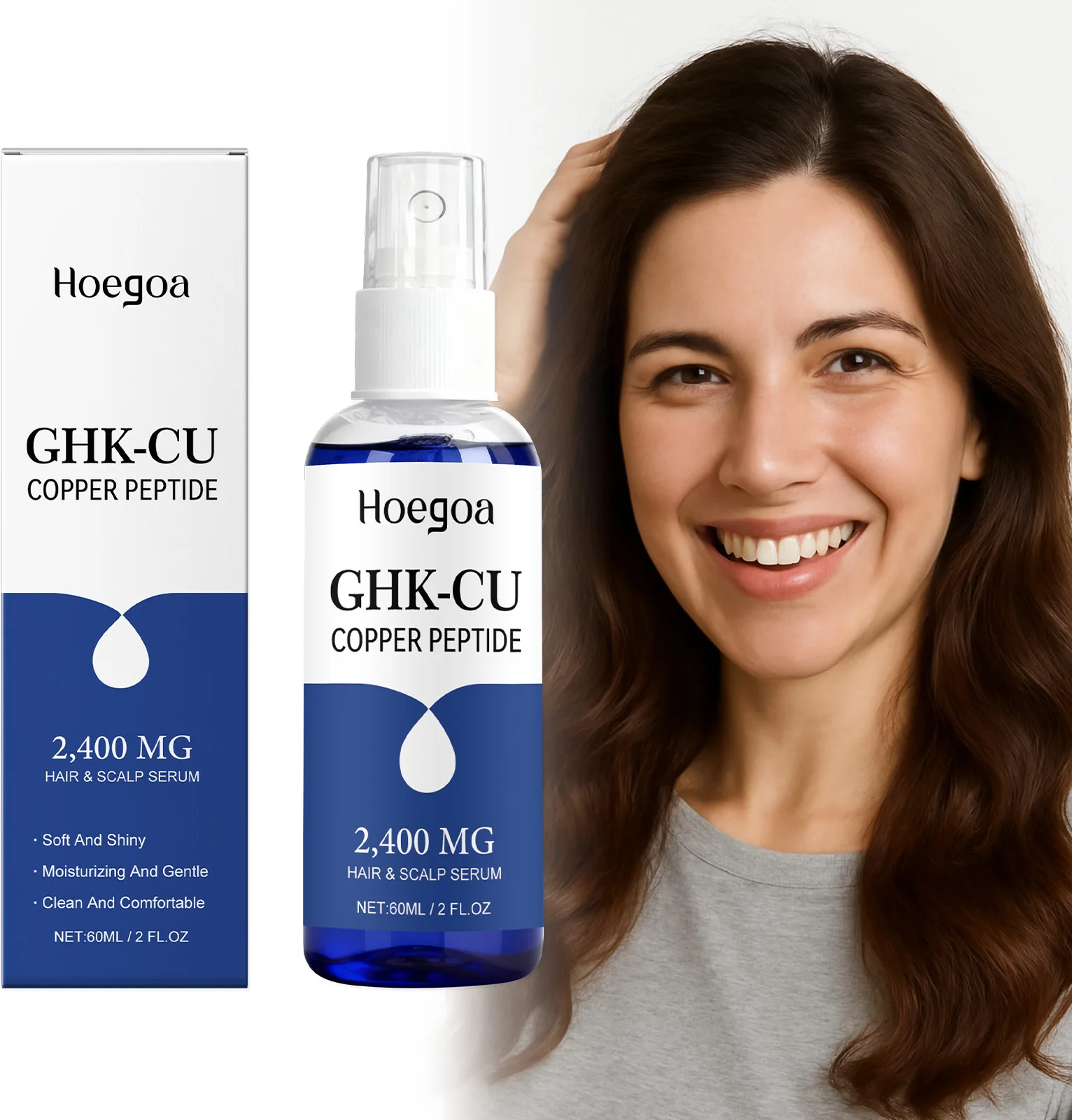 Hoegoa GHK-CU Copper Peptide hair and scalp serum with a woman with long brown hair on a white background