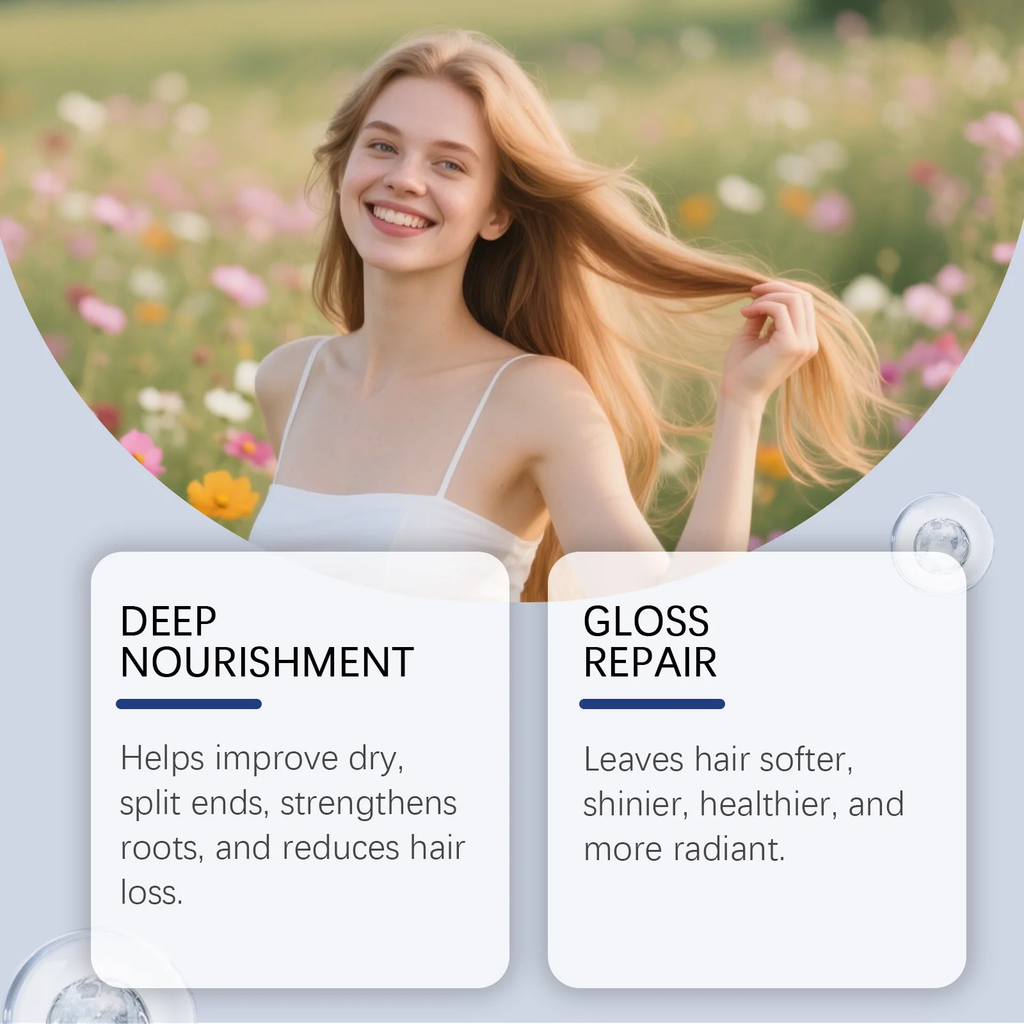 Woman with long blonde hair in a field of flowers, with text about hair care products.