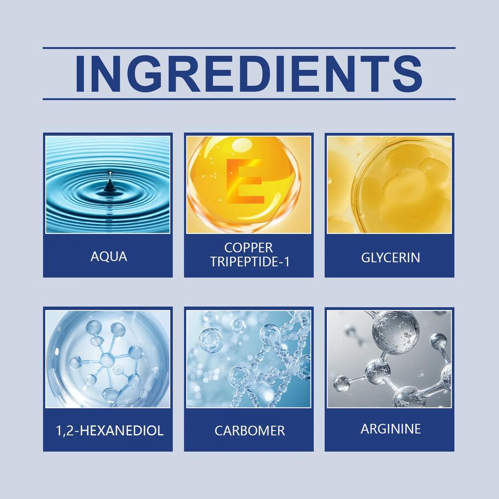List of skincare ingredients with corresponding images and names on a blue background