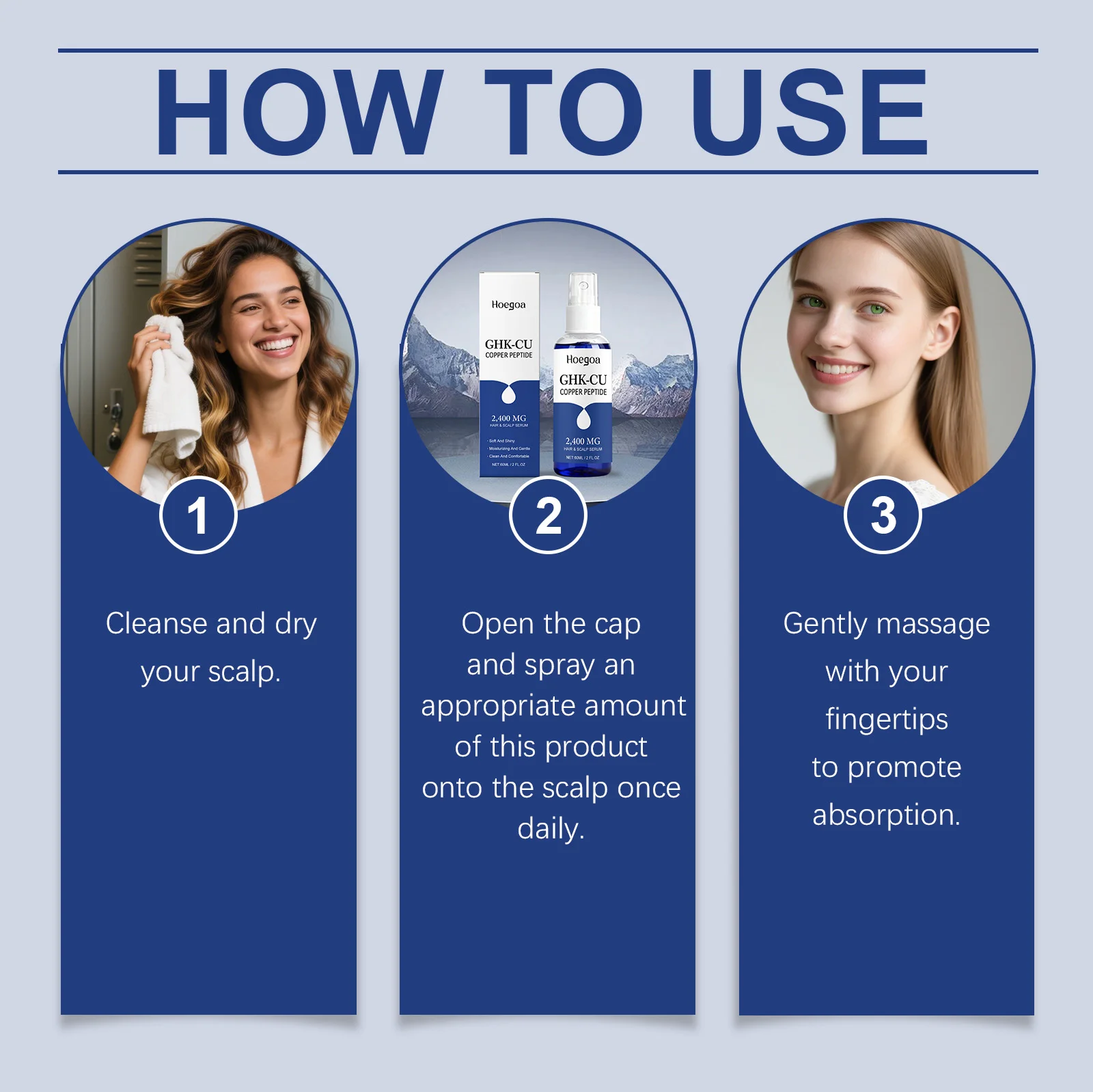Instructions on how to use a scalp care product with step-by-step guidance and images of a woman.
