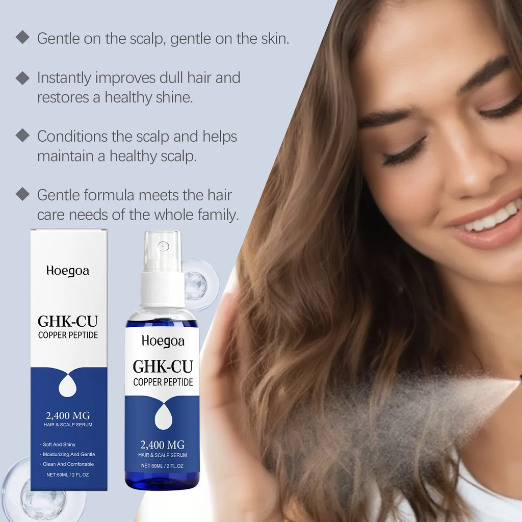 Advertisement for Hoegaó GHK-CU Copper Peptide with a woman with long hair.