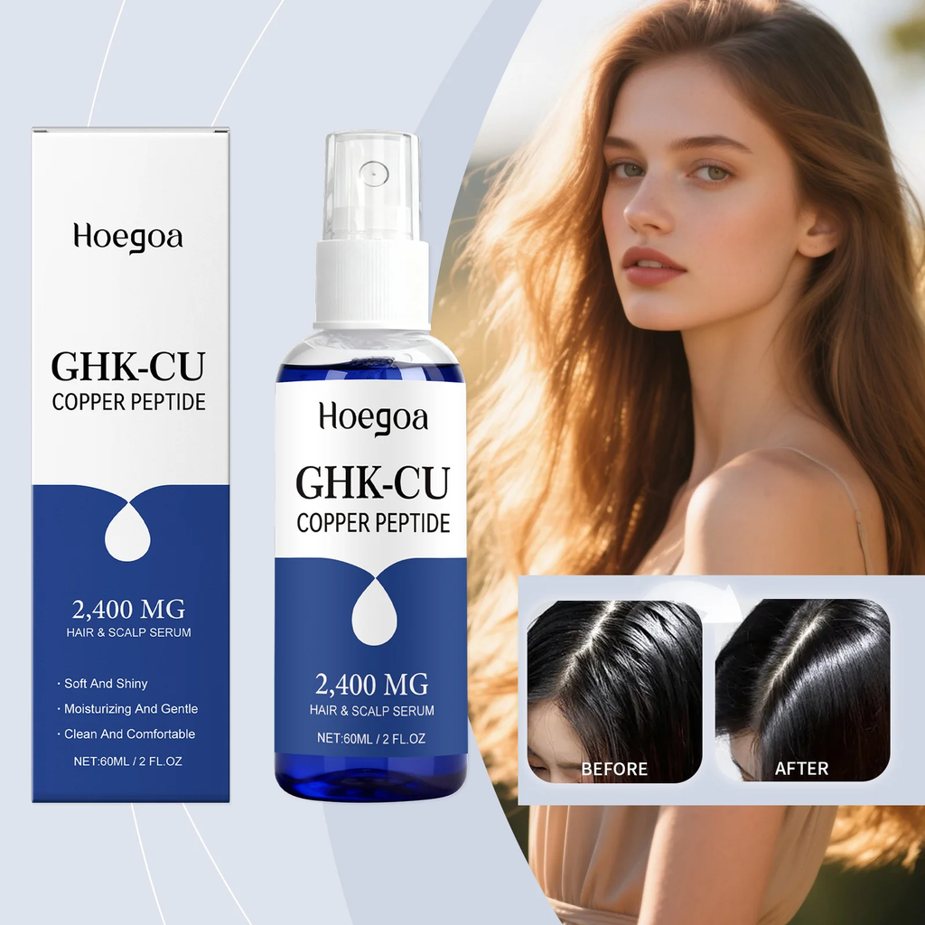 Hoegoa GHK-CU Copper Peptide Hair & Scalp Serum shown with its retail box and bottle, alongside a model with long brown hair and before/after hair shine comparison images.