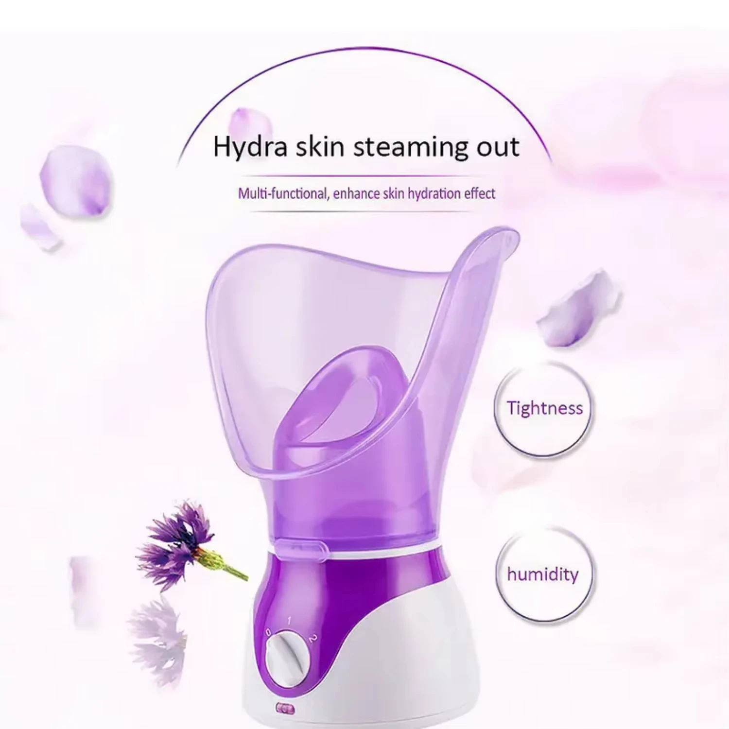 A purple and white facial steamer device with text overlays reading 'Hydra skin steaming out' and feature callouts 'Tightness' and 'humidity' on a soft pink and white background.