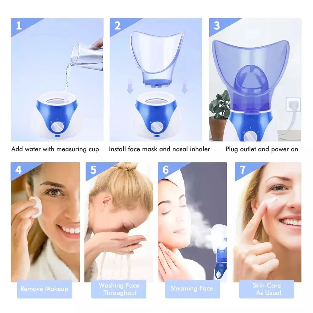 Step-by-step guide on using a facial steamer with images and text.
