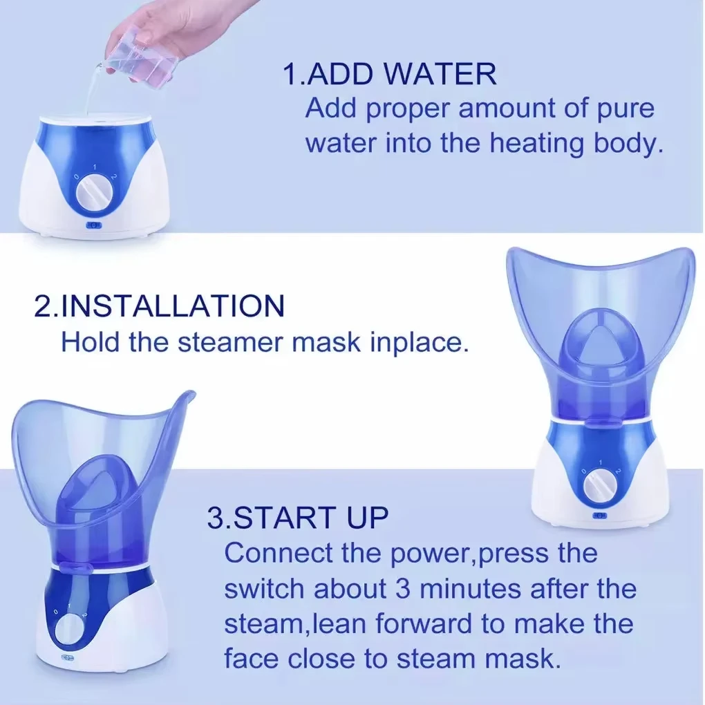 Instructional graphic for a blue and white steam mask humidifier showing three steps: adding water, installation, and starting up. The image features the product in different states with text instructions on a light blue background.