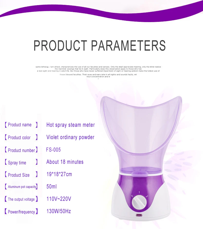 Product parameters infographic for a violet hot spray steam meter humidifier, showing the product on the right and a list of specifications on the left against a white background with purple accents.