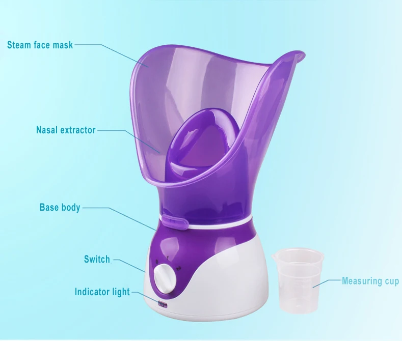 A purple and white steam face mask device on a light blue gradient background, with labeled callouts pointing to the steam face mask, nasal extractor, base body, switch, indicator light, and measuring cup.