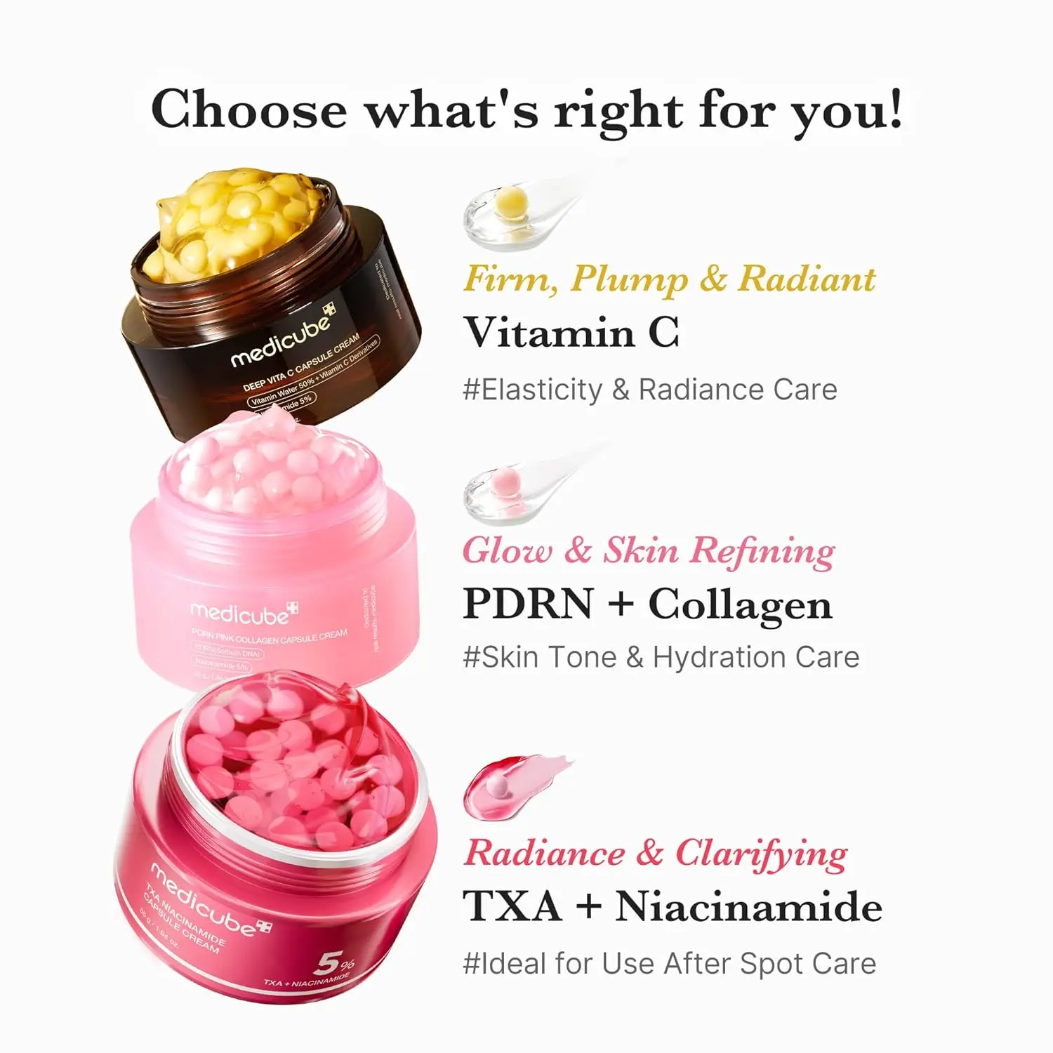 Three skincare jars with different ingredients and text on a white background