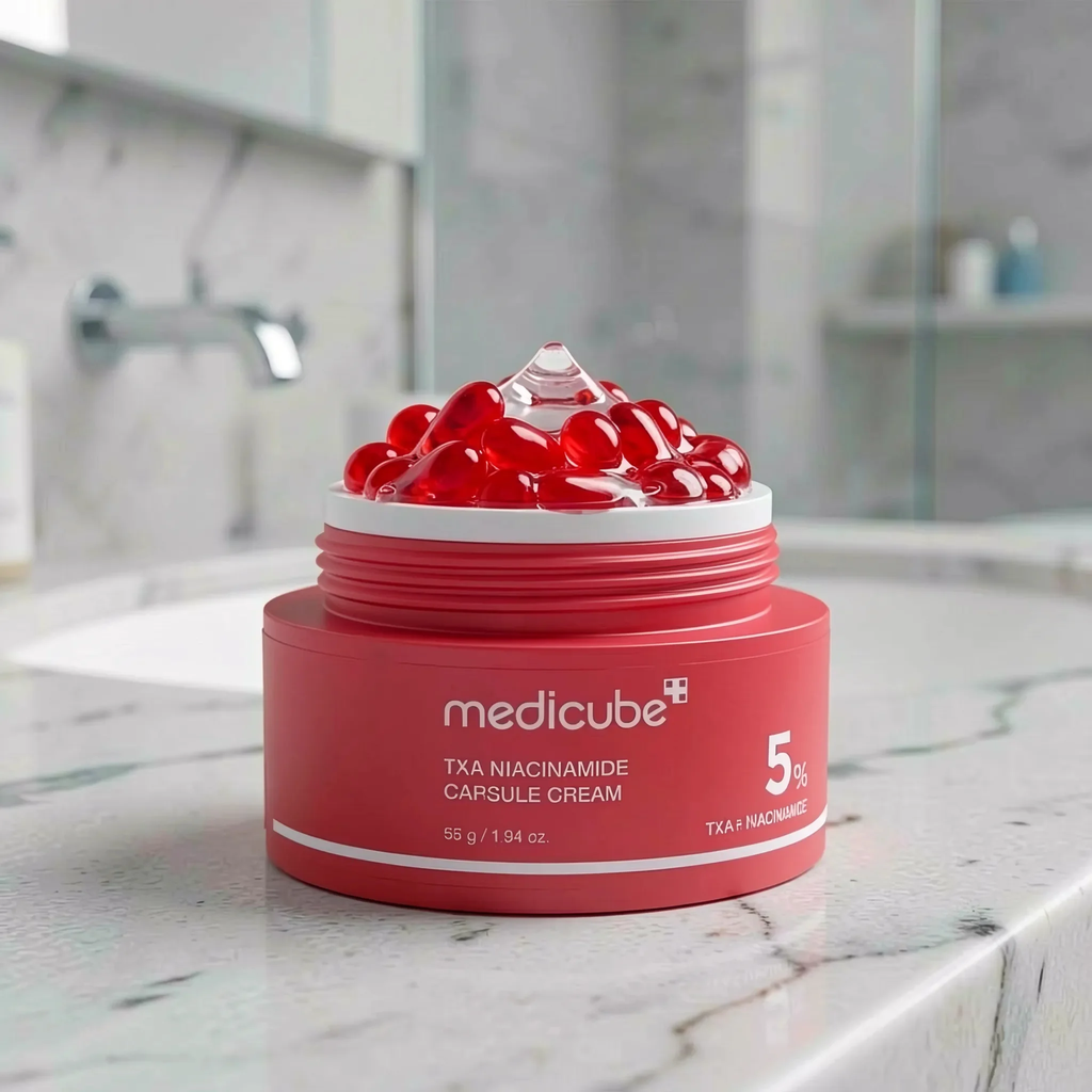 A red jar of medicube TXA Niacinamide Capsule Cream sits on a marble bathroom counter with red gel capsules piled on top, against a blurred bathroom background.