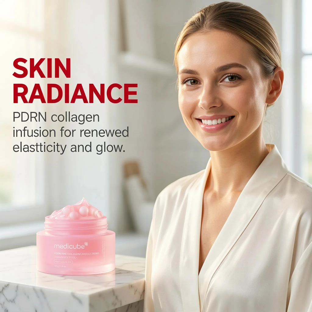 A smiling woman in a cream robe stands beside a pink jar of Medicube skincare cream on a marble surface, with promotional text reading 'SKIN RADIANCE' and 'PDRN collagen infusion for renewed elasticity and glow.'.