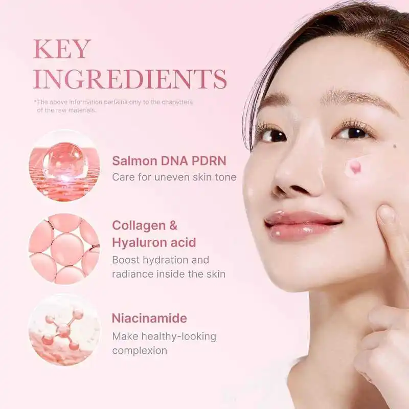 Cosmetic product advertisement with key ingredients on a pink background