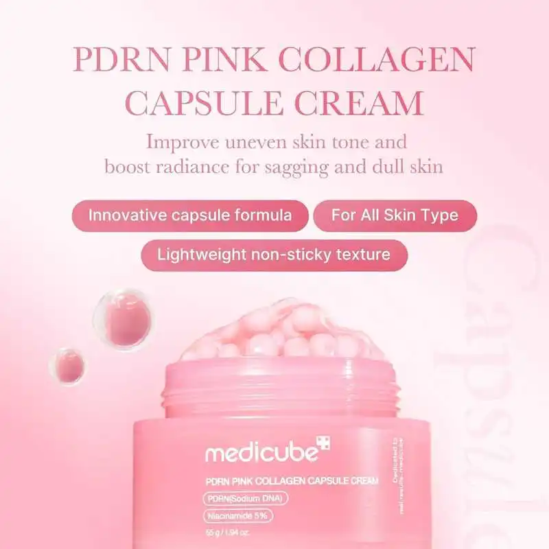 Pink collagen capsule cream with packaging on a pink background