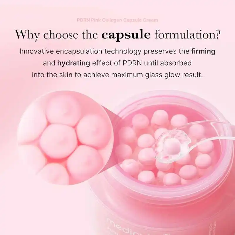 Pink cosmetic jar with capsules visible inside and a magnified inset showing round pink capsules, accompanied by marketing text about PDRN capsule formulation.