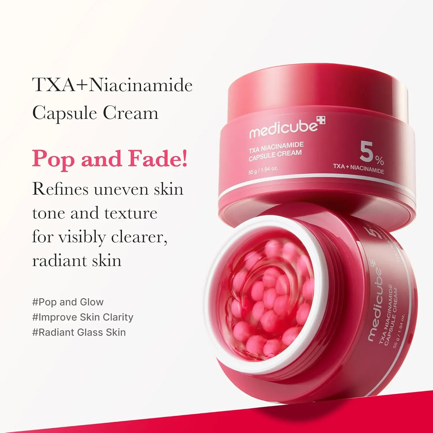 Red jar of Medicube TXA+Niacinamide Capsule Cream with text on a white background