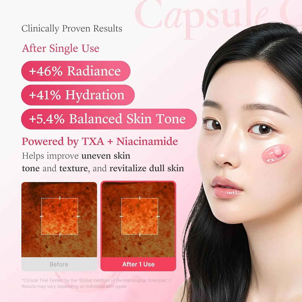 Product advertisement with a woman's face showing skin improvement before and after use, on a pink background.