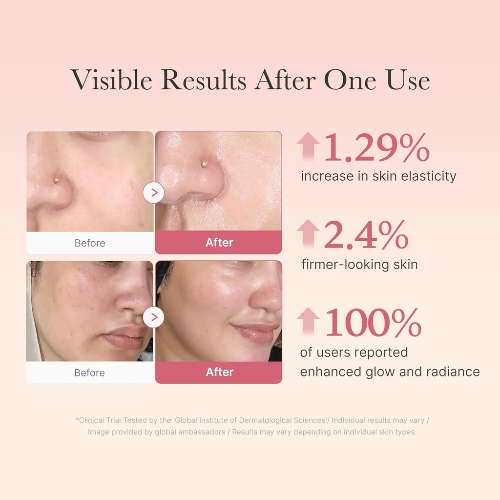 Before and after skin comparison with visible results after one use on a pink background