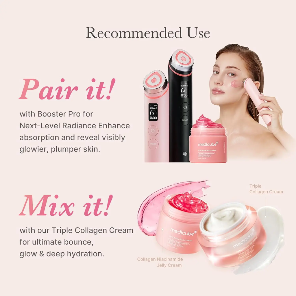 Cosmetic products including a face roller, cream jars, and a woman using a device on her face with text on recommended use.