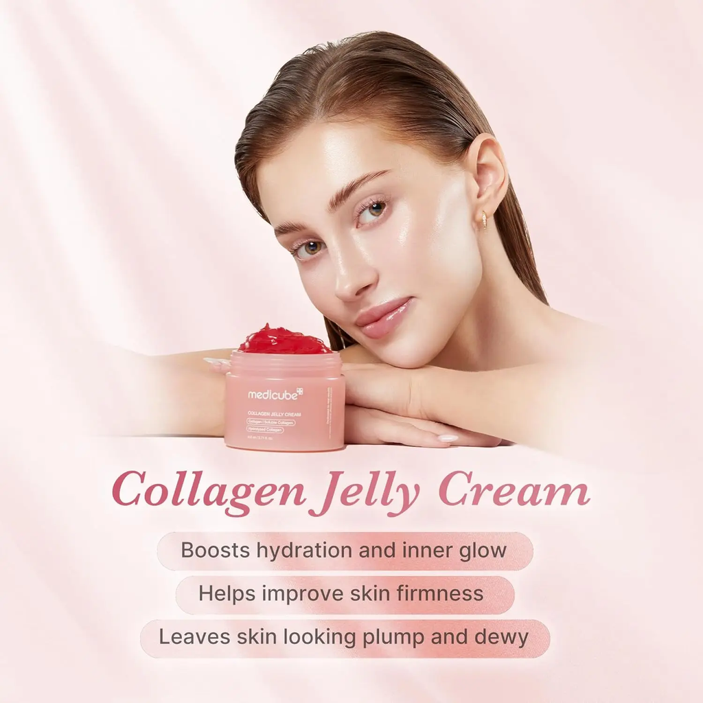 Woman holding a jar of Collagen Jelly Cream with product details on a pink background