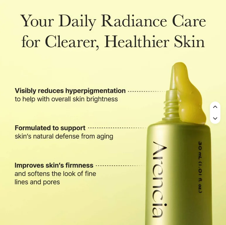 A skincare bottle labeled 'Arancia' on a pale yellow background with marketing text describing benefits for clearer, healthier skin.