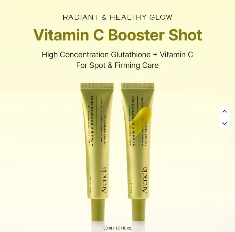 Two gold squeeze tubes of Arencia Vitamin C Booster Shot skincare product shown on a pale cream background with promotional text above.