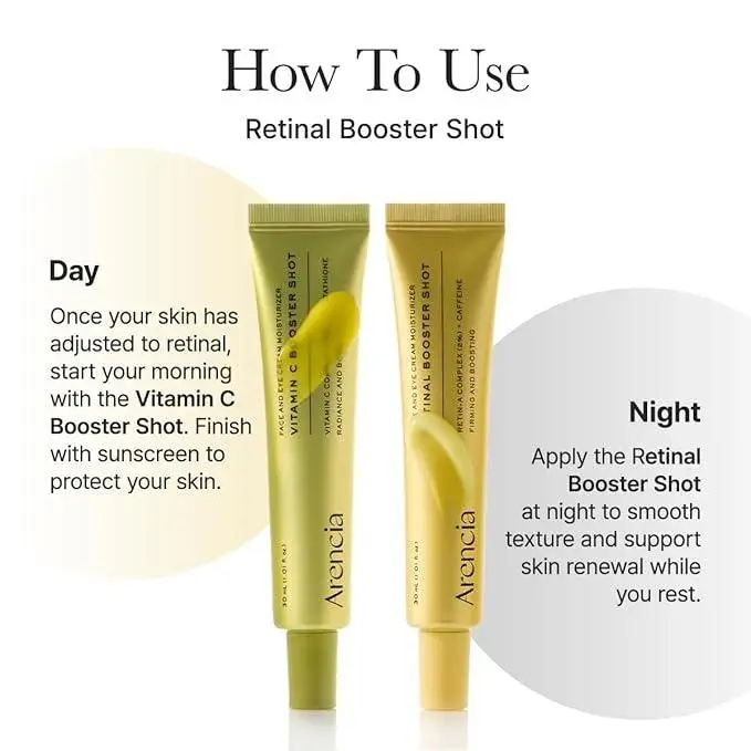 Two Arancia skincare products with usage instructions on a white background