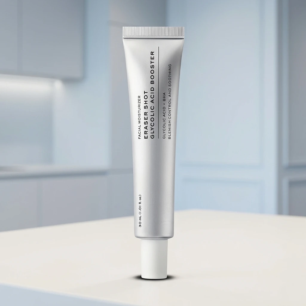 A white squeeze tube of Eraser Shot Glancing Skin Booster facial moisturizer standing upright on a light surface against a soft, blurred light blue background.