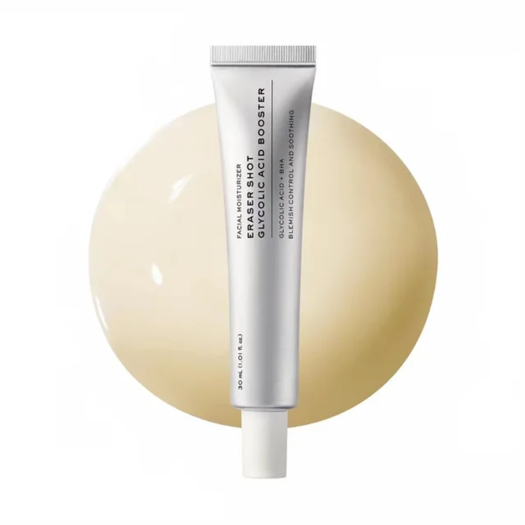 A single tube of Dr. Jekyll Eraser Shot Skin Boosting Cream centered against a white background with a large beige circular graphic behind it.