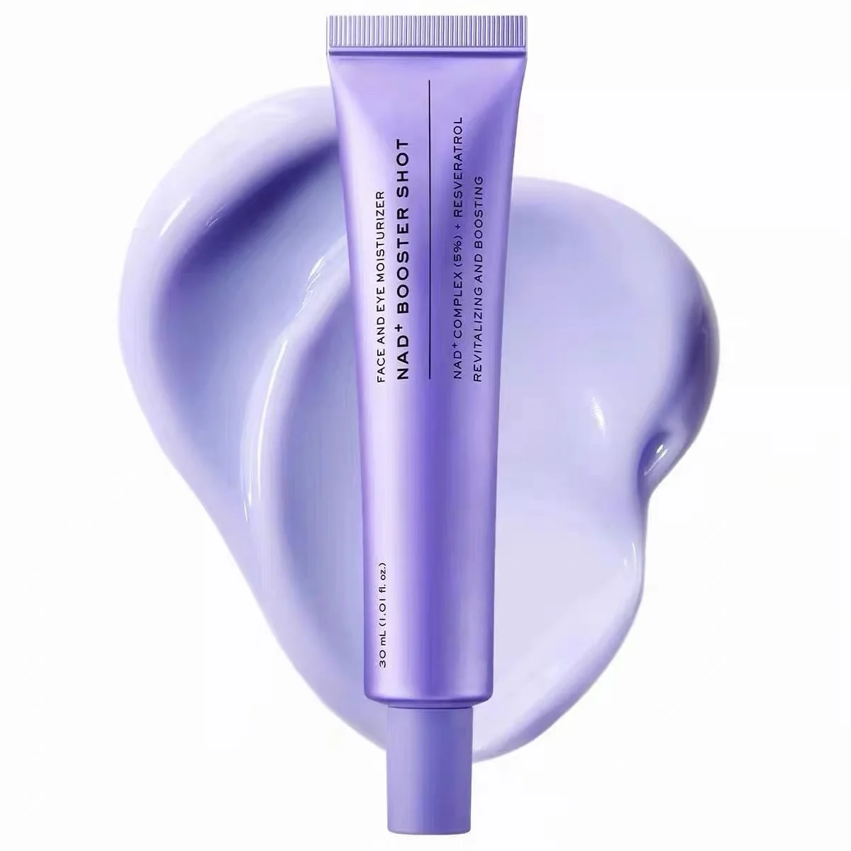 A lavender purple tube of NAD+ Booster Shot Face and Eye Moisturizer centered over a matching glossy liquid smear on a white background.