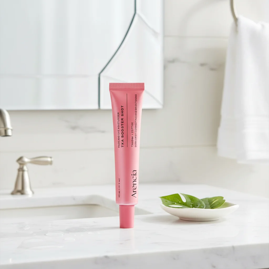 A pink tube of Avene facial skin moisturizer stands on a white marble bathroom counter next to a small dish of green leaves, with a sink and mirror in the softly blurred background.