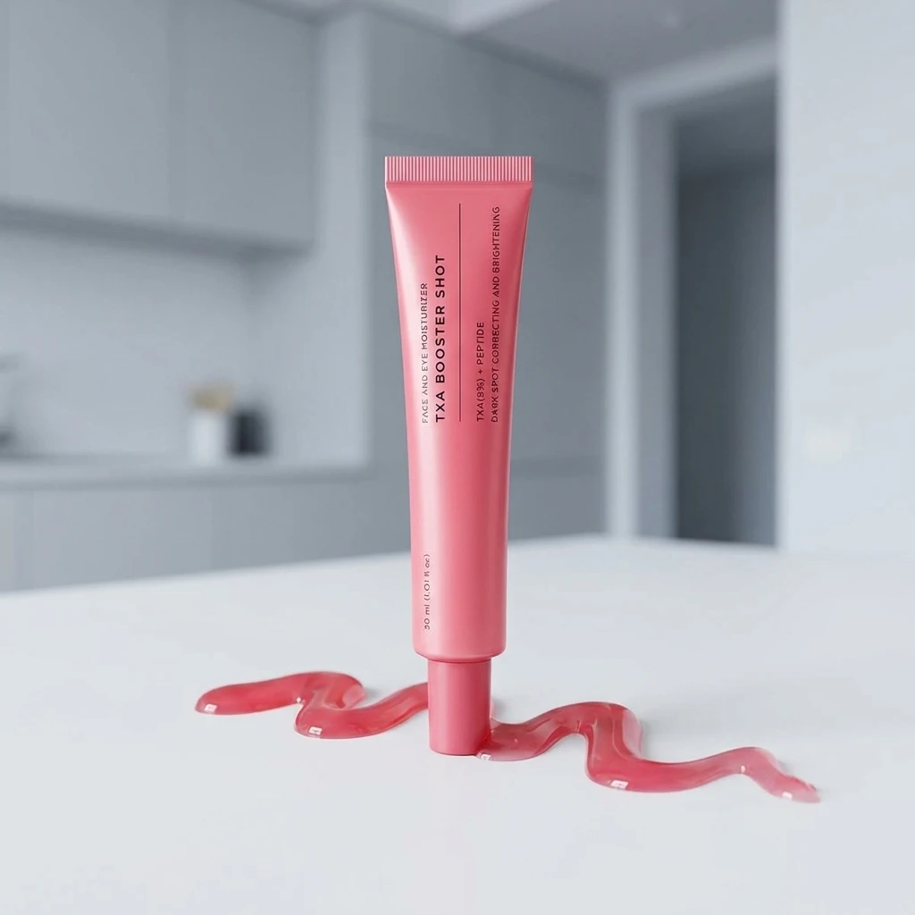 A pink squeeze tube labeled 'TCA BOOSTER SHOT' stands upright on a white surface with pink gel smeared around its base. The background is a softly blurred modern gray interior.