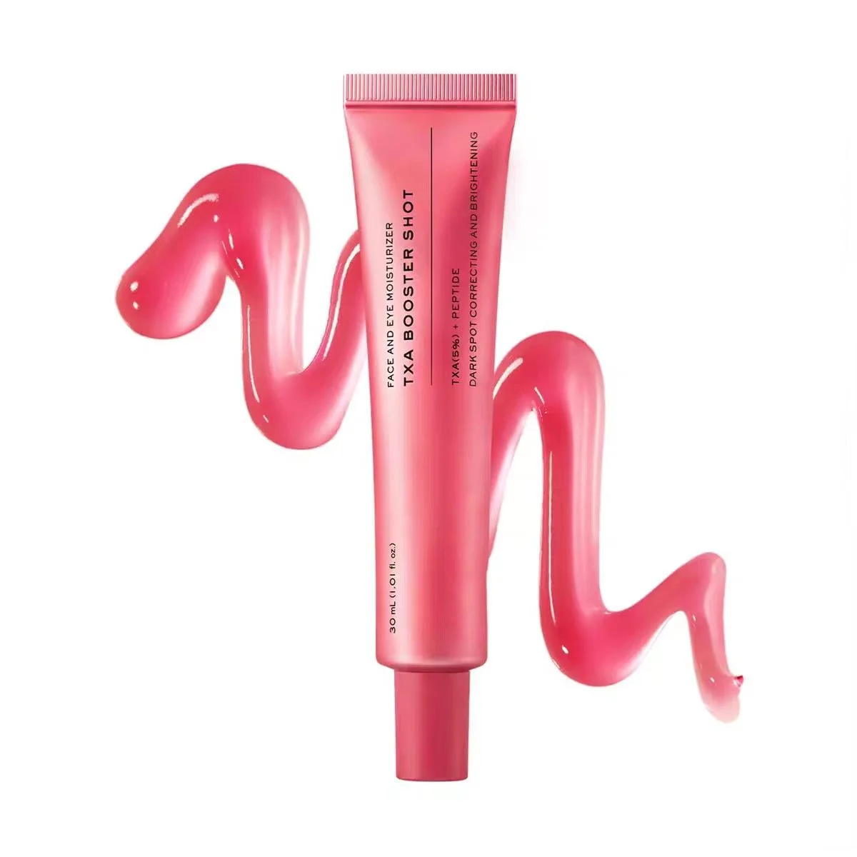 A pink squeeze tube of TCA Booster Shot Face and Eye Moisturizer centered on a white background, with glossy pink cream swirled around it.